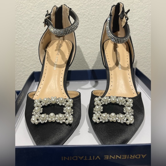 Adrienne Vittadini "Nirvana" Ankle Strap Black Jeweled Women Formal Heels Sz 9 - Picture 1 of 15